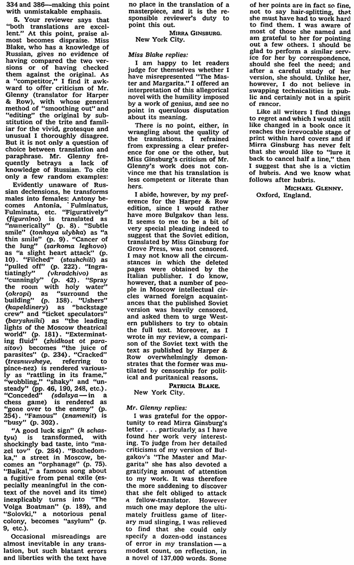 Mirra Ginsburg, Patricia Blake, Michael Glenny. Letters to the Editor